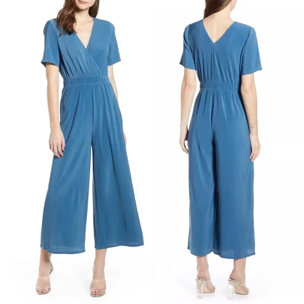 THE LABEL Wrap Front Wide Leg Jumpsuit In Steel Blue M. - Image 2