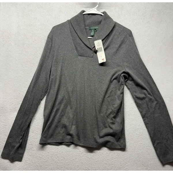 Lauren Ralph Lauren Gray Cotton Shawl Collar Toggle Button Sweater Womens Large - Image 2