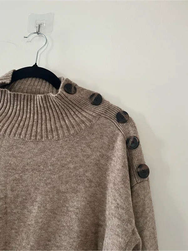 Anthropologie Tan Mock Neck Button Shoulder Tunic Sweater Medium Equestrian Cozy - Image 2