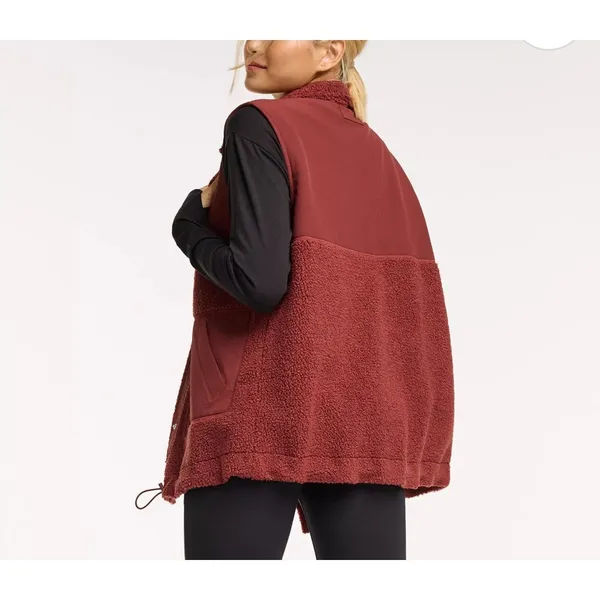 FLX Sherpa Fleece‎ Vest Burgundy Snap Front Pockets Drawstring Waist Womens Med - Image 2