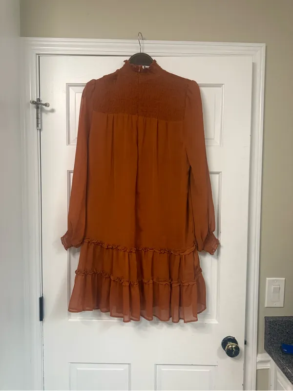 CeCe Rust Smocked High-Neck Tiered Long-Sleeve Dress - Image 5
