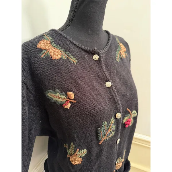 Vintage Stitches in Time Embroidered Autumn Cardigan Sweater Black Knit Large - Image 3