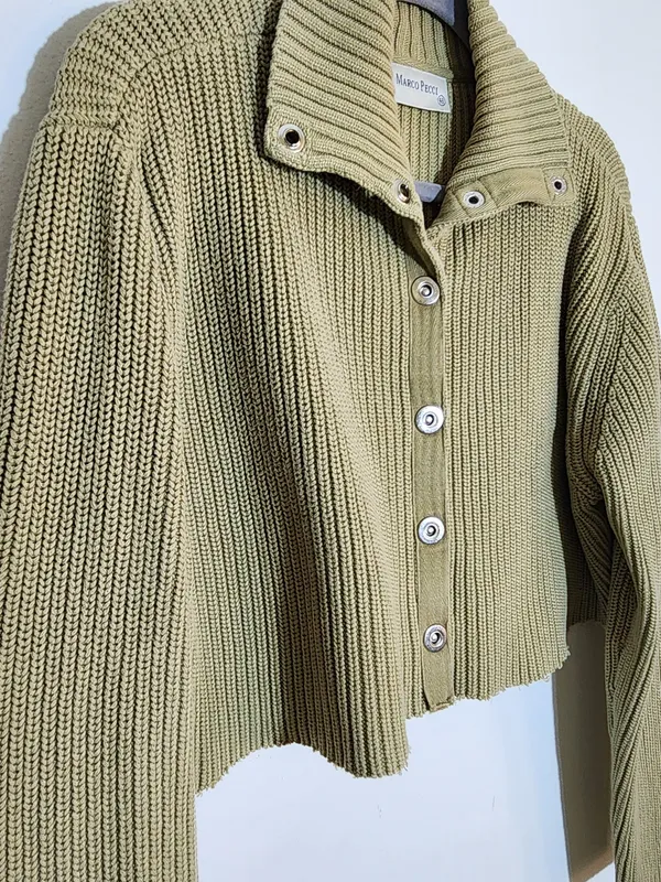 Marco Pecci Green Ribbed Knit Cropped Cardigan Sweater Size 48 IT / US 14 Flaw - Image 3