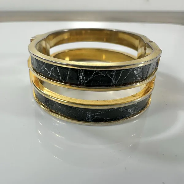 Loewe Gold Tone Black Leather Hinged Bangle Cuff Bracelet 7in Logo Designer - Image 3