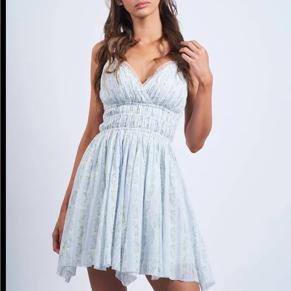 Elegant Light Blue Floral Mini Dress - Image 2