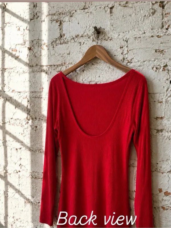 ModCloth Red Ribbed Boat Neck Maxi Dress Long Sleeve Size L - Image 8