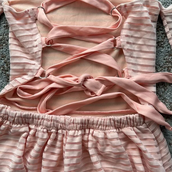 Lucy In The Sky Off Shoulder Long Sleeve Lace Up Romper Pink Small - Image 3