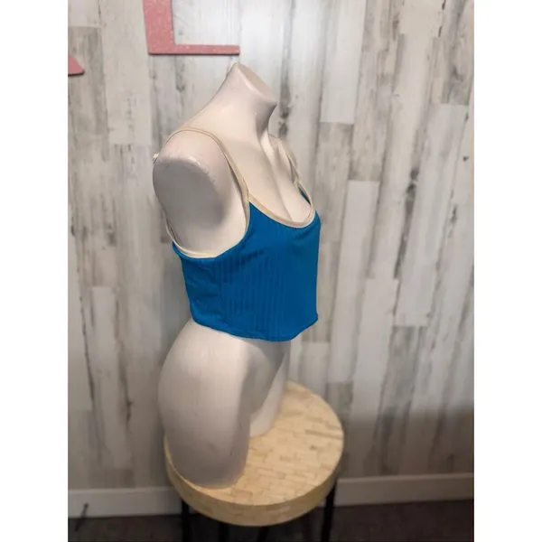 Aerie Real Good Ribbed Scoop Neck Bikini Top Blue/Cream Women’s XL - Image 4