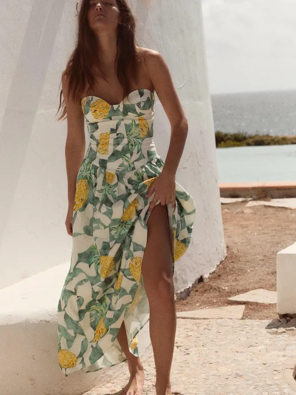 Zara Strapless Fruit Print Maxi Dress - Green & Yellow - Image 2