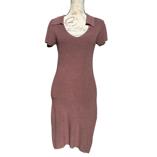 Freshman NWT 55O Knit‎ Collared V Neck Short Sleeve Bodycon Midi Dress Brown L - Image 2