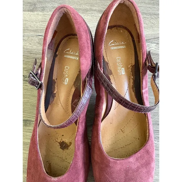 RARE Clarks Collection Burgundy‎ Suede Leather Mary Jane Block Heel Shoes Size 8 - Image 8