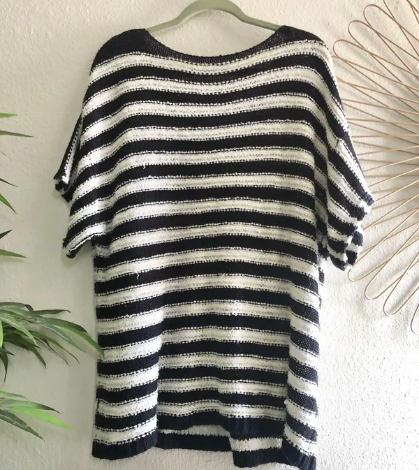 Boat neck off shoulder striped short sleeve knit sweater.l - Image 3