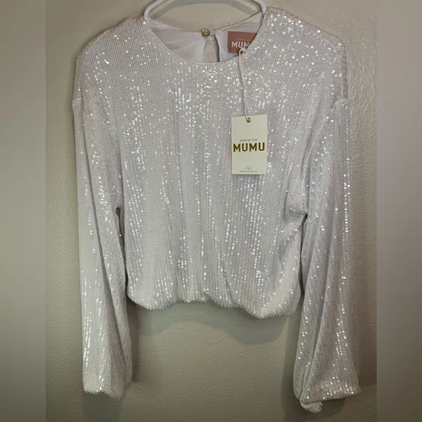NWT SHOW ME YOUR MUMU Good Times Top in‎ White Sequins Size S - Image 3
