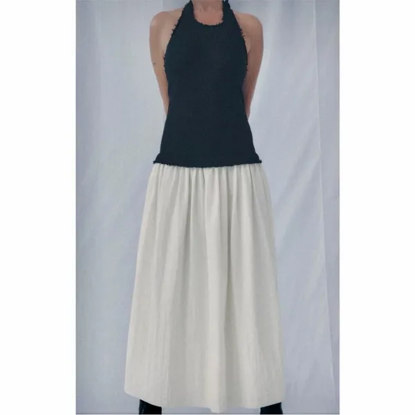 Zara NWT black tweed halter neck midi maxi dress contrast cream skirt drop waist - Image 3