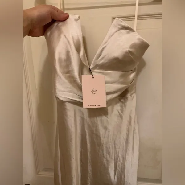 So Long Midi Dress Champagne strapless satin Hello Molly M formal spring wedding - Image 8