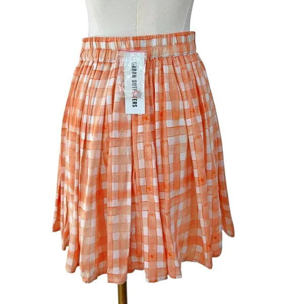 Urban Outfitters Orange Checked Button Up Pleated Mini Skirt - Image 3