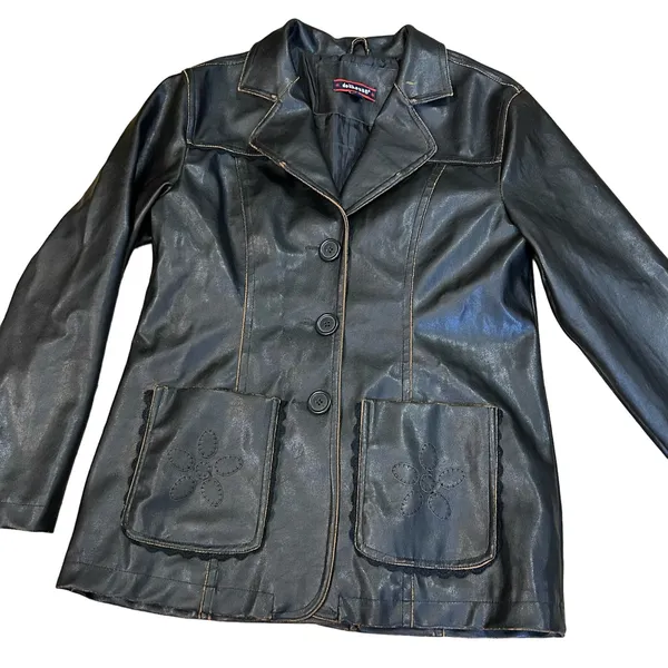 American Vintage Y2K 90s Faux Leather Brown Pleather Jacket Boho Hippie Flower Lace Distressed - Image 2