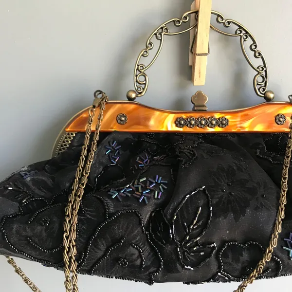 Vintage Black Floral Beaded Chain Crossbody Purse - Image 5