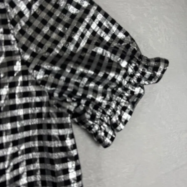 J.‎ Crew Metallic Silver Gingham Ruffle Neck Puff Sleeve Top CF117 Black Womens - Image 12
