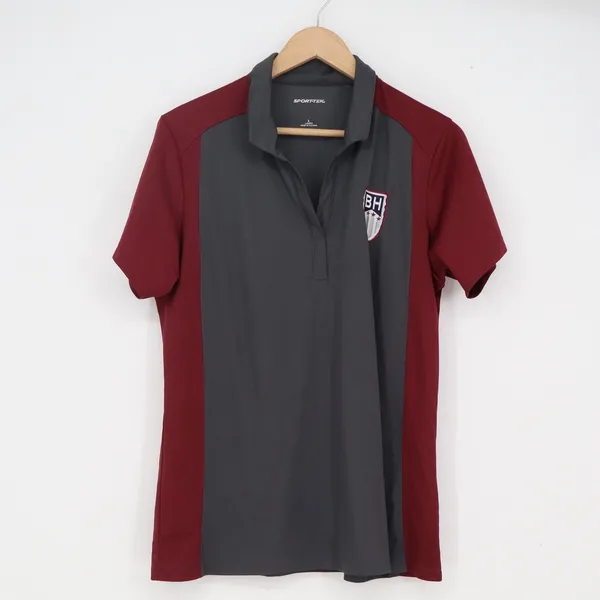 Sport-Tek Womens L Performance Polo Shirt Maroon Grey BH Shield Crest Logo - Image 2