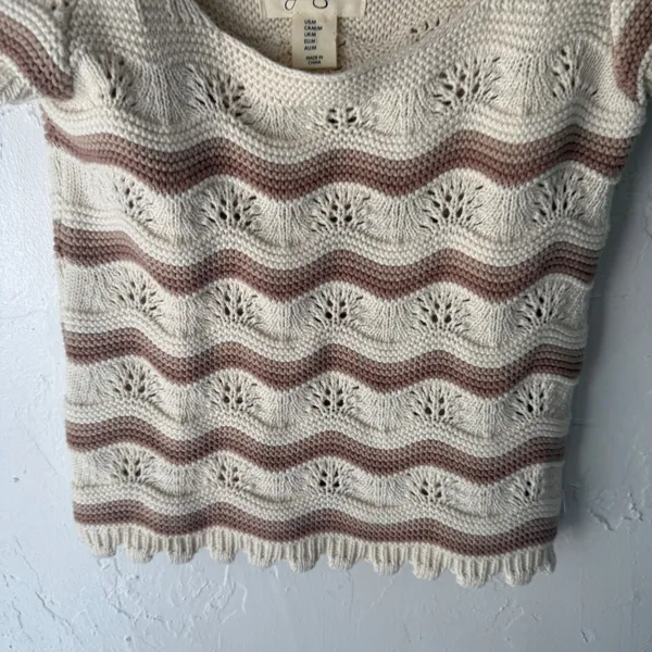 Jessica Simpson Knit Top Striped Cropped Cream Brown M Romantic Cottage Coquette - Image 4