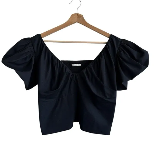 Abercrombie & Fitch Black Puff Sleeve Babydoll Top L Cropped Smocked Coquette - Image 2