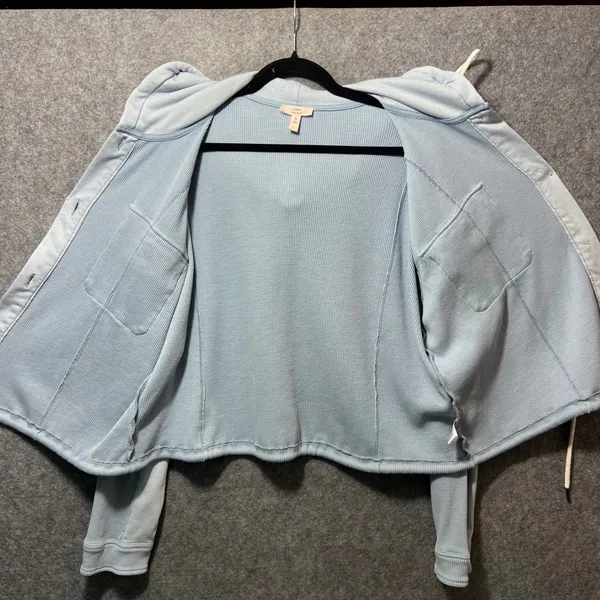 COMO VINTAGE Light Blue Waffle Knit Hooded‎ Button Front Shacket Size L - Image 5