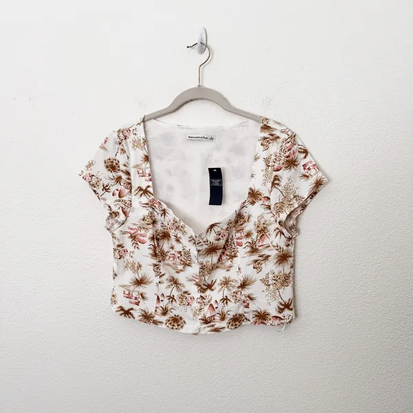 [Abercrombie & Fitch] Tropical Toile Print Sweetheart Neck Crop Top Size Large L - Image 3