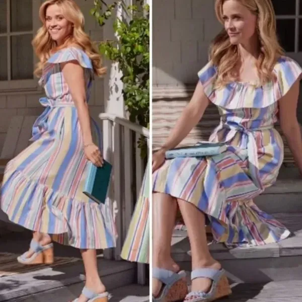 Draper James Multicolor Striped Off-Shoulder Midi Dress - Image 3