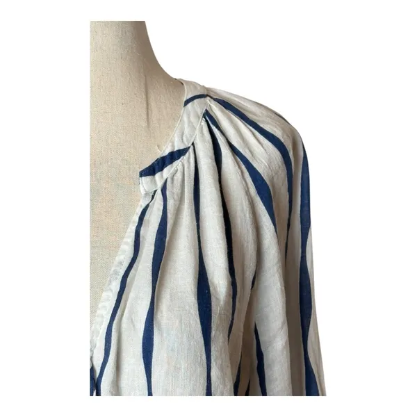 Rails Brielle Shirt Women Small White Blue‎ Wavy Stripe Linen Blend Tie Neck Top - Image 6
