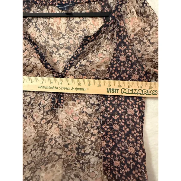 American Eagle Floral Peasant Blouse Small Navy Peach Sheer V-Neck Boho Top 5112 - Image 3