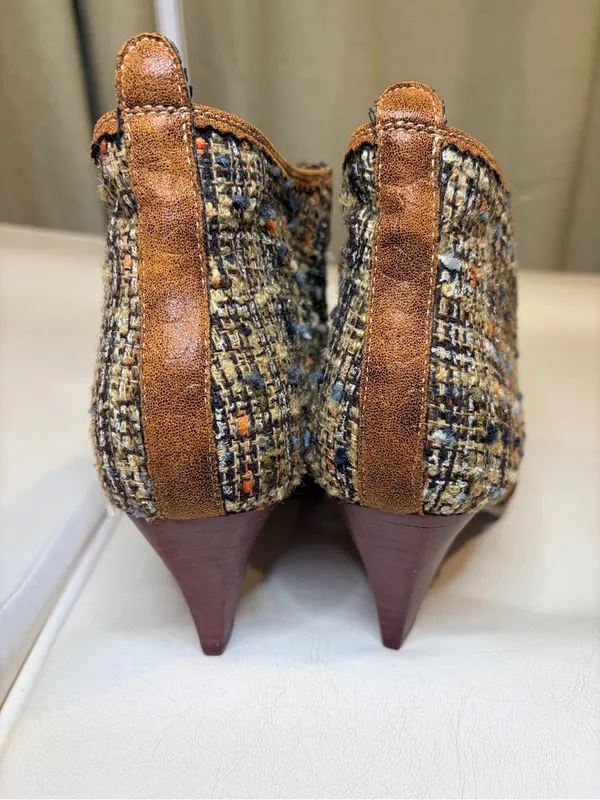 Irregular Choice Brown Suede Tassel Ankle Booties with Tweed Panels - Image 4