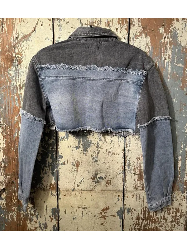 NWT PrettyLittleThing Washed Gray Double Layered Denim Cropped Jean Jacket 2 XS - Image 6
