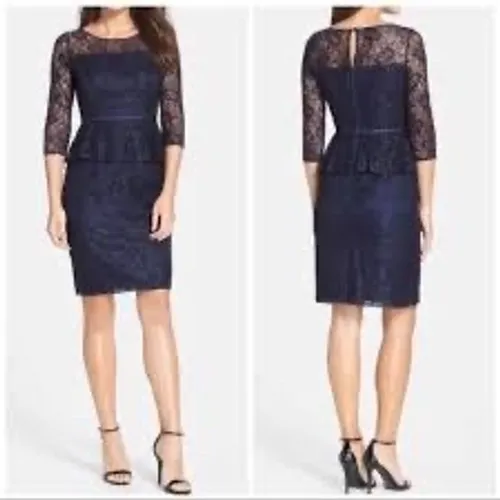 Adrianna Papell navy blue lace peplum sheath dress women's size 10 black‎ tie - Image 2