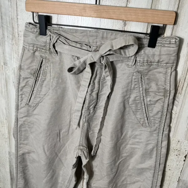 Free People Cream Tan Khaki Linen Blend Tapered Pants Tie Belt Womens Size‎ 4 - Image 2