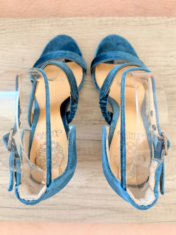 Vince Camuto Robeka Blue Velvet Fabric Strappy Buckle 4" Chunky Heel Sandal 5.5 - Image 4