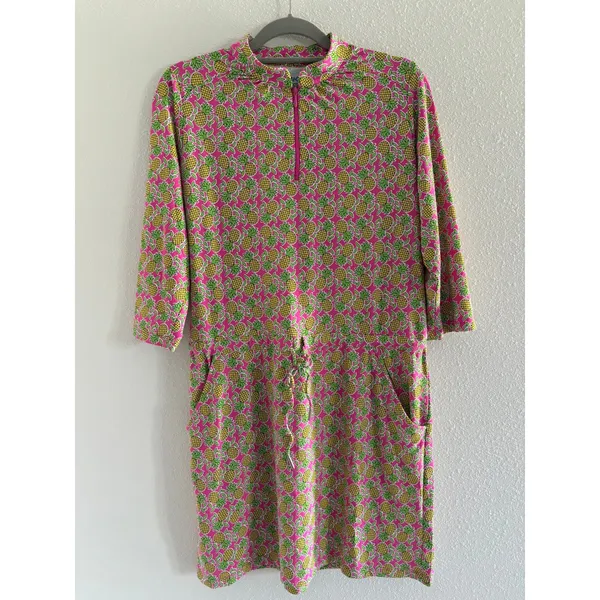 Ibkul Dress Medium Pink Pineapple‎ 3/4 Sleeve Mock Neck Stretch Golf Tennis UPF - Image 2