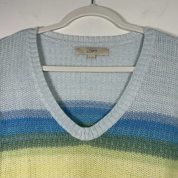 Loft Womens Blue Yellow Striped V-Neck Shaker Knit‎ Cotton Blend Sweater Medium - Image 4