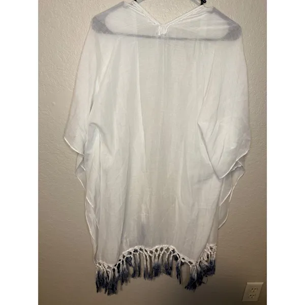 White Kimono Cover Up with Blue Ombre Tassels Beach Pool Resort Wear - Image 2