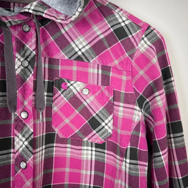 Carhartt Flannel Shirt Womens Small‎ Pink Plaid Hooded Pearl Snap Rugged Shacket - Image 4