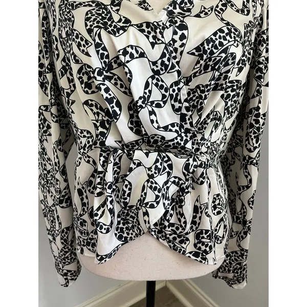 Express Leopard Bow Print Blouse Large Black White Modern Chic Office Peplum Top - Image 3
