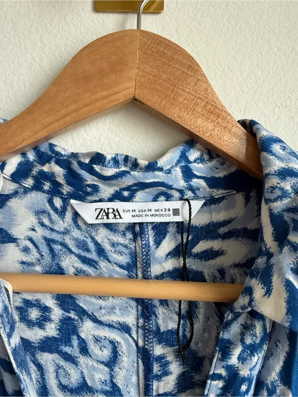 Zara Blue Printed Midi Shirt Dress Button Front Flowy Medium - Image 9