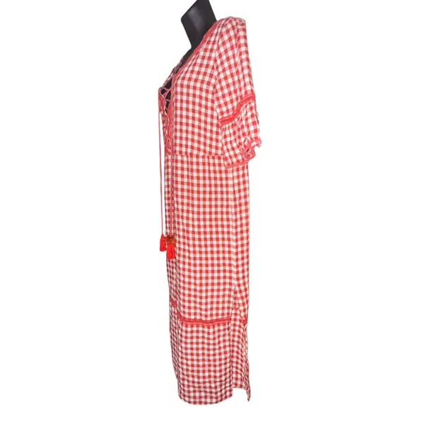 POL red and white gingham lace up flutter sleeve dress - Image 4