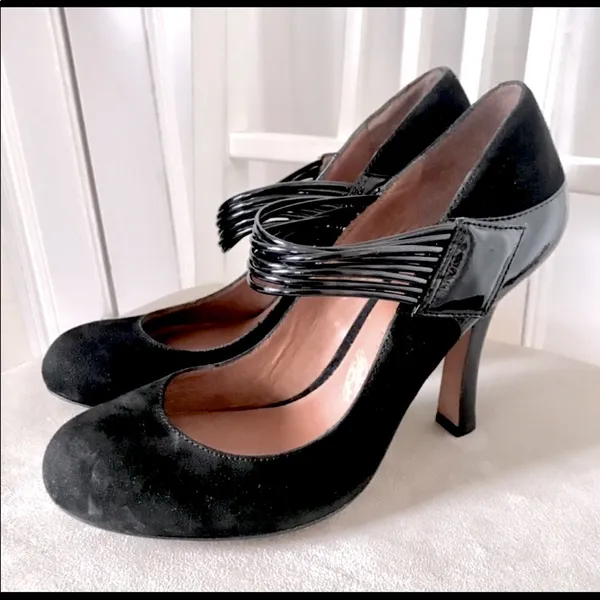 Black Suede Mary Jane Pumps High Heels w/ Snap Closure, sz. 38 (7.5 US)-NWT - Image 2
