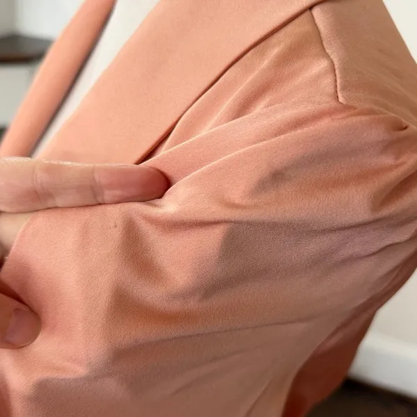 Mac Duggal Warm Pink Satin Blouson Sleeve Ruffle Midi Wrap Cocktail Party Dress - Image 2