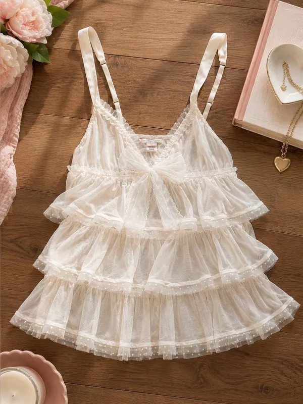Y2K Victoria’s Secret Ivory Ruffle Babydoll Cami Tank Medium - Image 2
