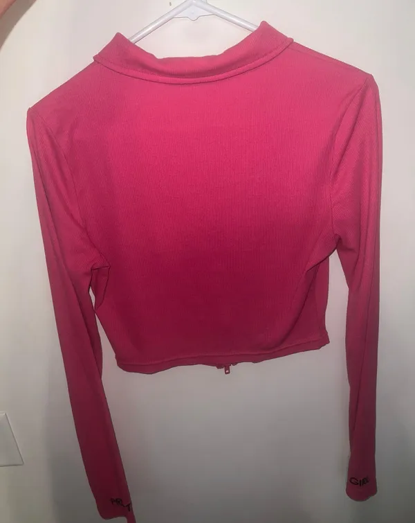 Long Sleeve Zip Up Crop Top Pink Size L - Image 2
