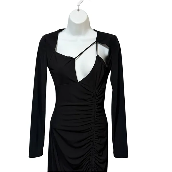 Zara Womens Black Cutout Ruched Long Sleeve Maxi Dress XS Asymmetric Neckline - Image 3