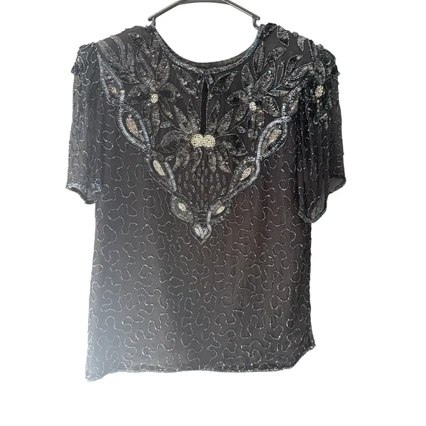 Sweelo Vintage Black Silk Beaded Sequin Floral Evening Top Short‎ Sleeve Medium - Image 3