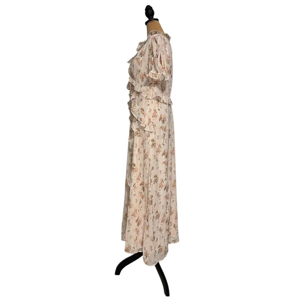 Storia Floral Ruffle‎ Maxi Dress Cream Pink Dobby Puff Sleeve Large NWT - Image 4